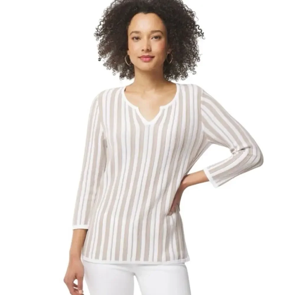 Chicos Vertical Stripe Sweater White Tan Size 4 (XXL Size 20)